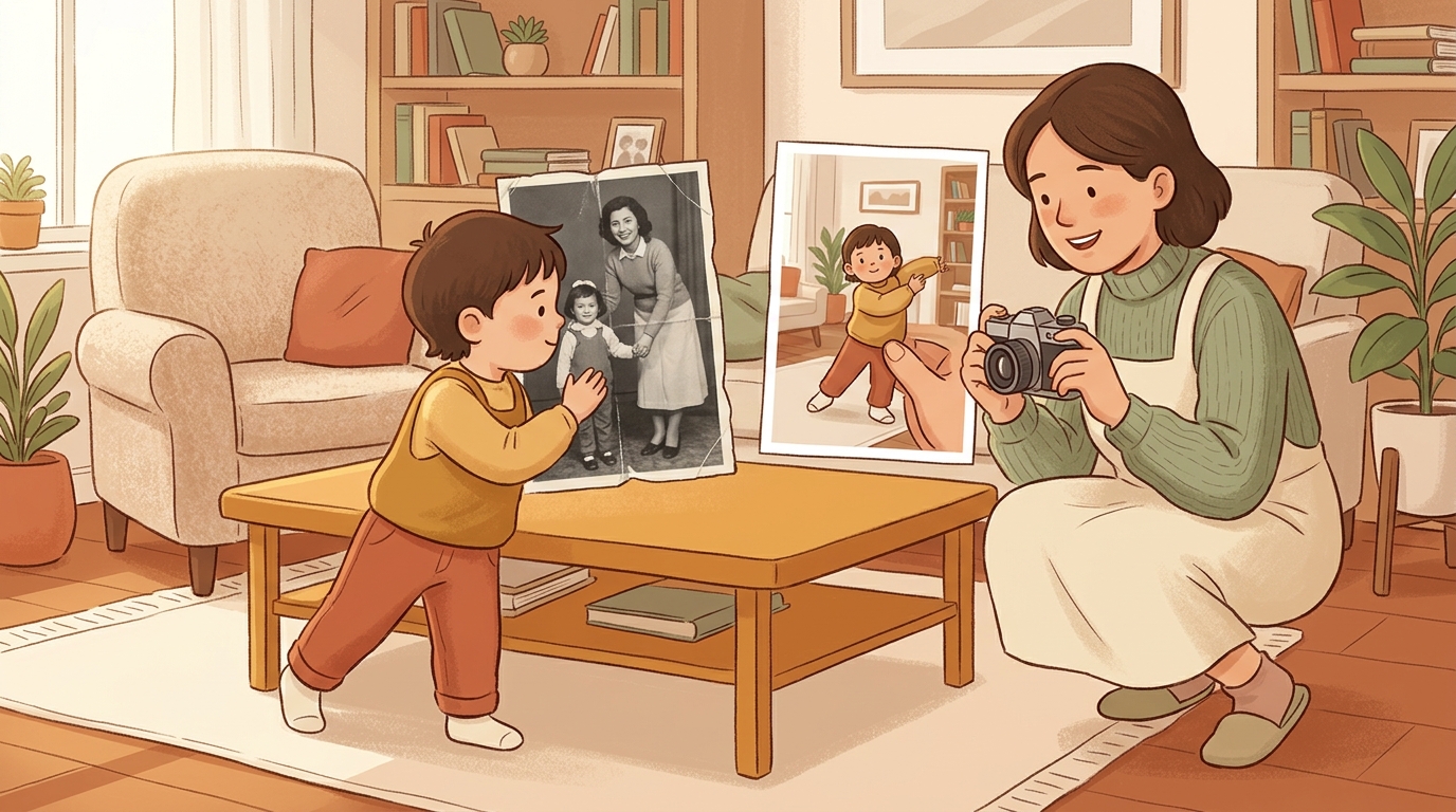 Cartoon illustration of a parent and child at home doing Old Photo Same Pose.