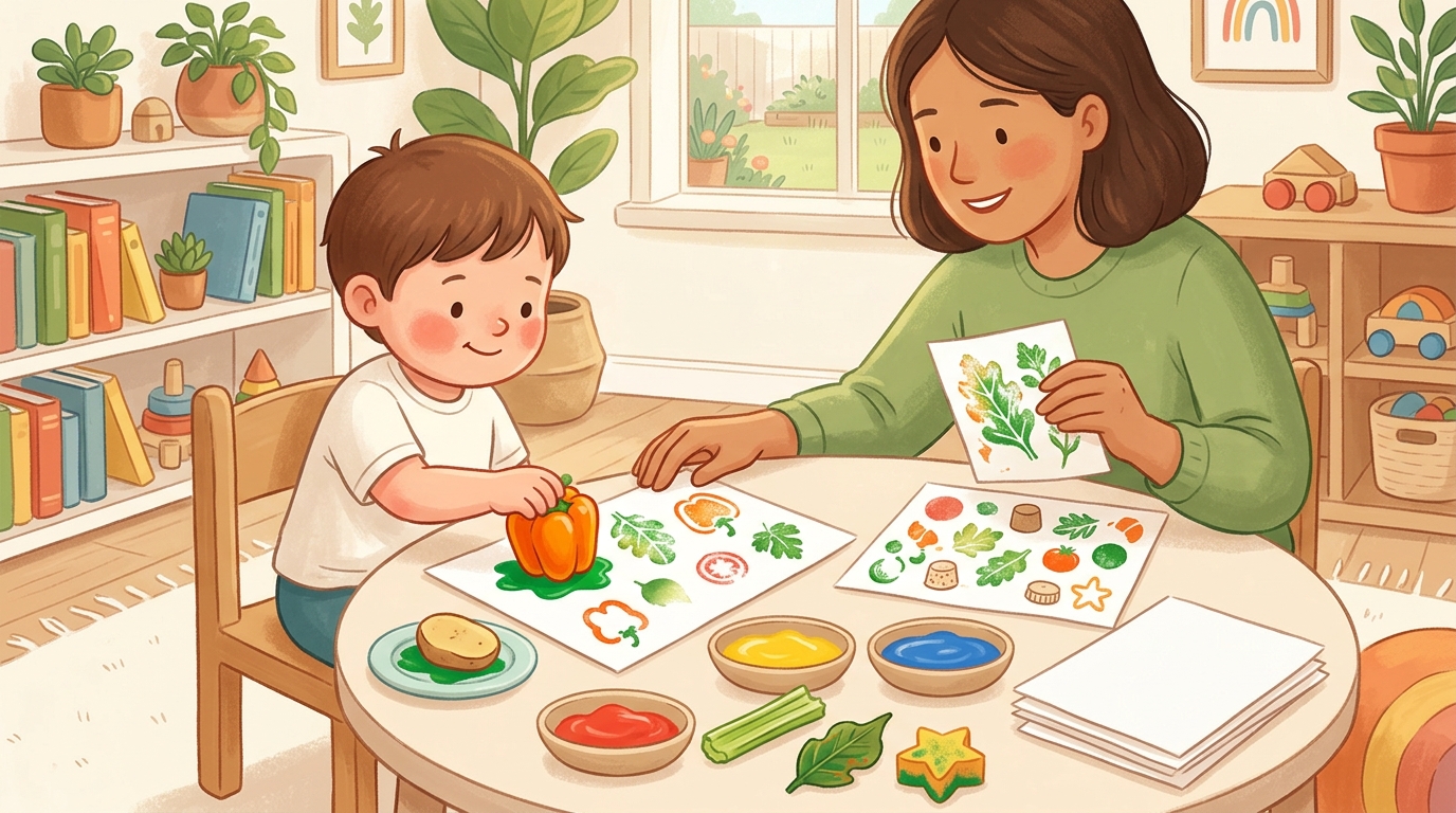 Cartoon illustration of a parent and child at home doing Stamp Print Art.