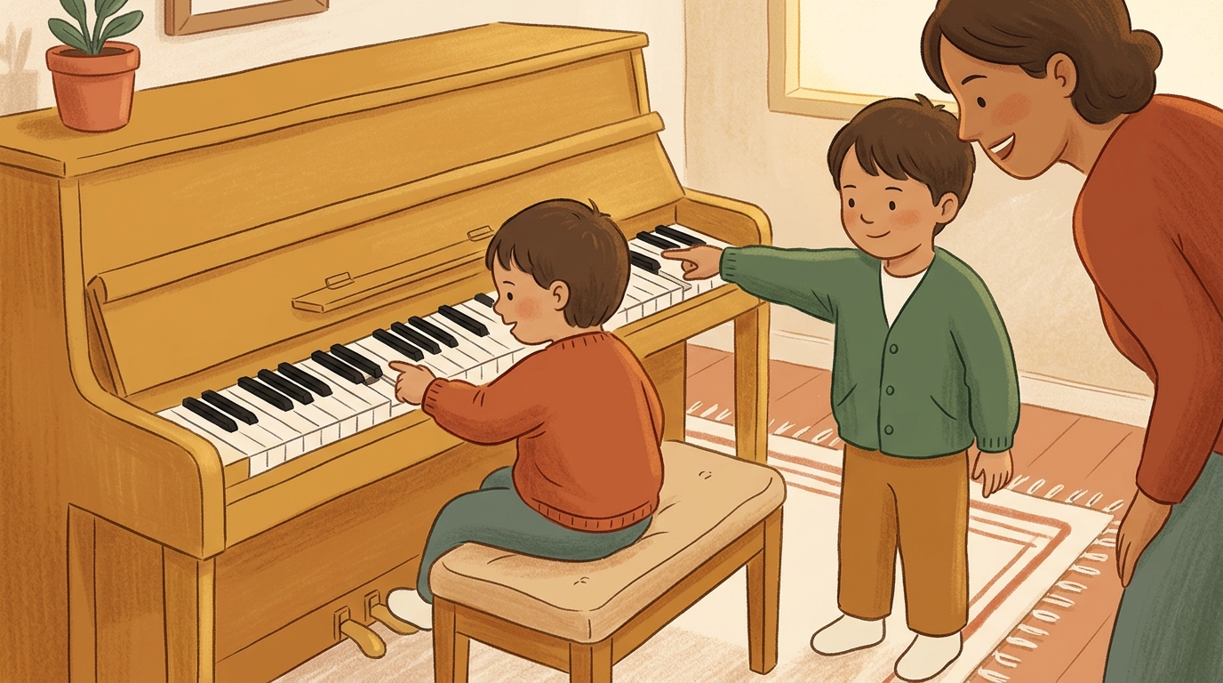 Cartoon illustration of a parent and child at home doing Find My Piano Key.