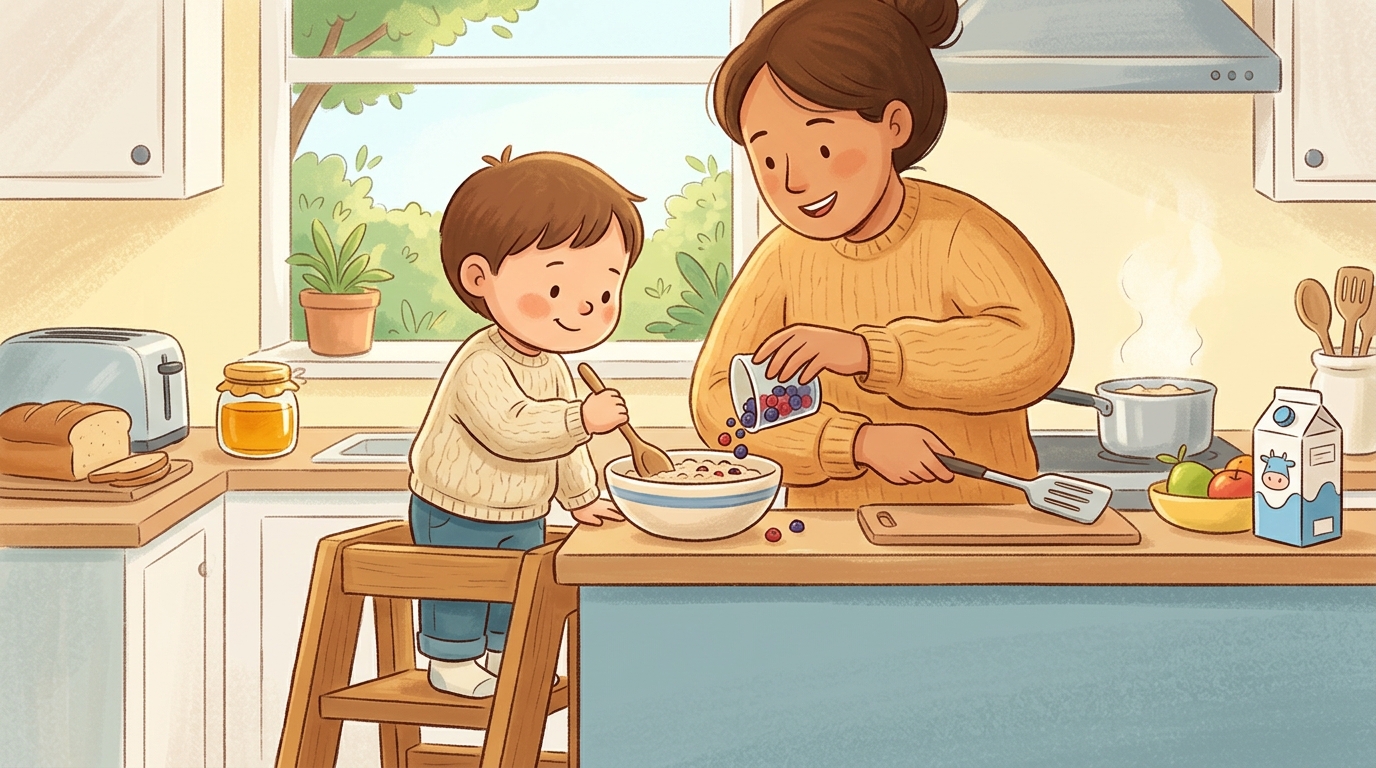 Cartoon illustration of a parent and child at home doing Help Make Breakfast.