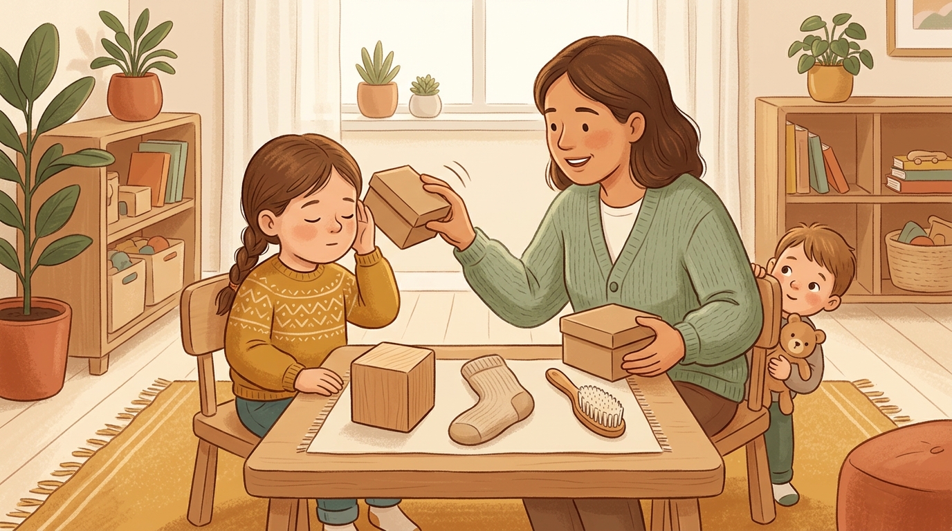Cartoon illustration of a parent and child at home doing Mystery Box Sound Match.
