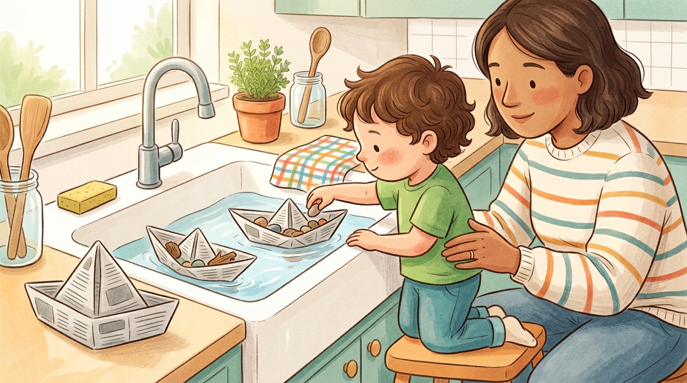 Cartoon illustration of a parent and child at home: fold newspaper into a hat and then into a boat, then float-test it in a sink or basin.