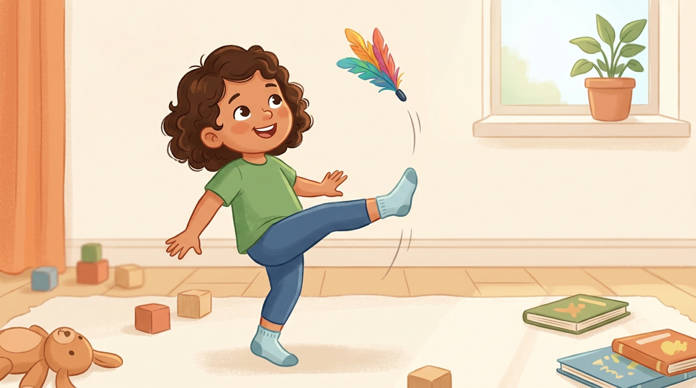 Cartoon illustration of a parent and child at home: keep a light object airborne using feet only - no hands.