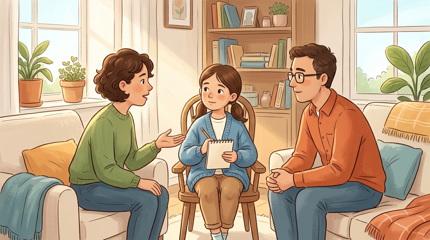 Cartoon illustration of a parent and child at home doing Family Mediator Role.