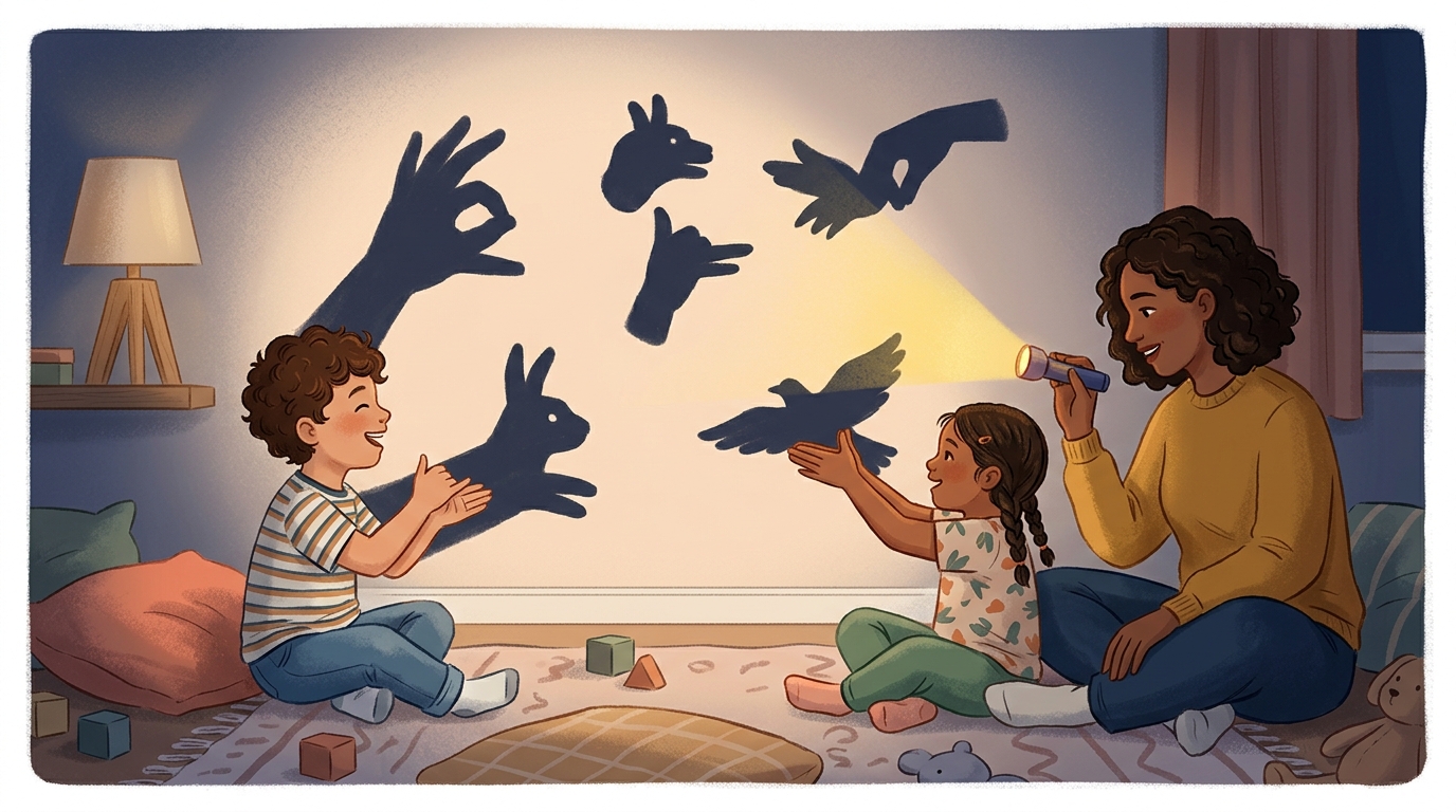 Cartoon illustration of a parent and child at home: making shadow puppets with light and creating stories.