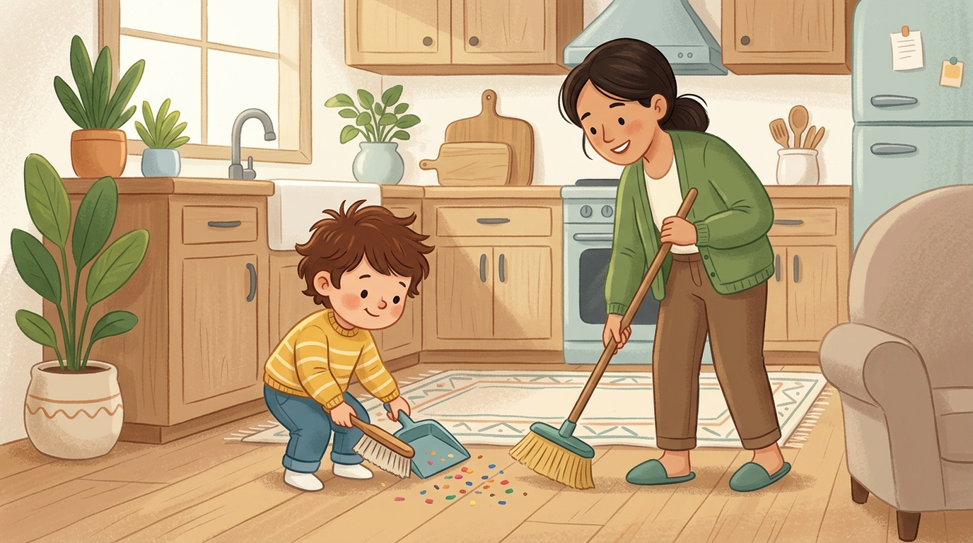 Cartoon illustration of a parent and child at home doing Sweep the Floor.