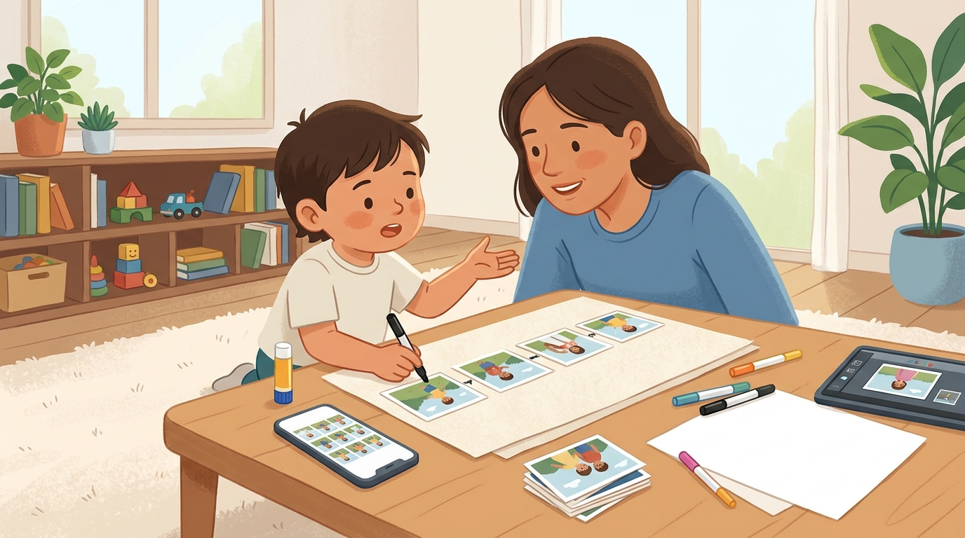 Cartoon illustration of a parent and child at home doing Photo Essay Story.
