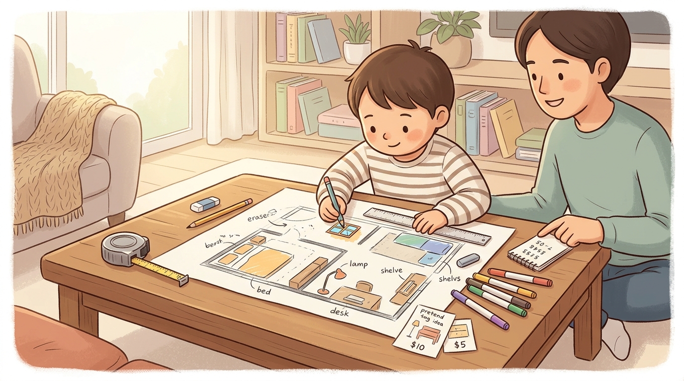 Cartoon illustration of a parent and child at home doing Design Your Dream Space.