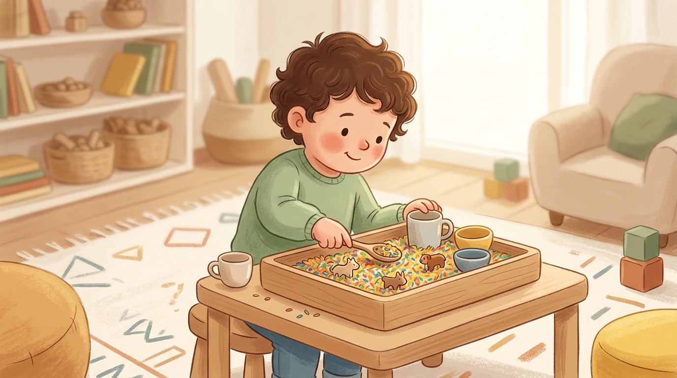 Cartoon illustration of a parent and child at home: a container of dry rice with cups, spoons, and small objects to hide and find.