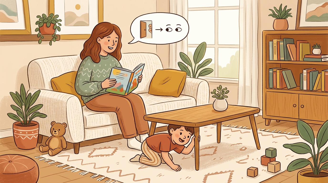 Cartoon illustration of a parent and child at home doing Book Actions Come Alive.