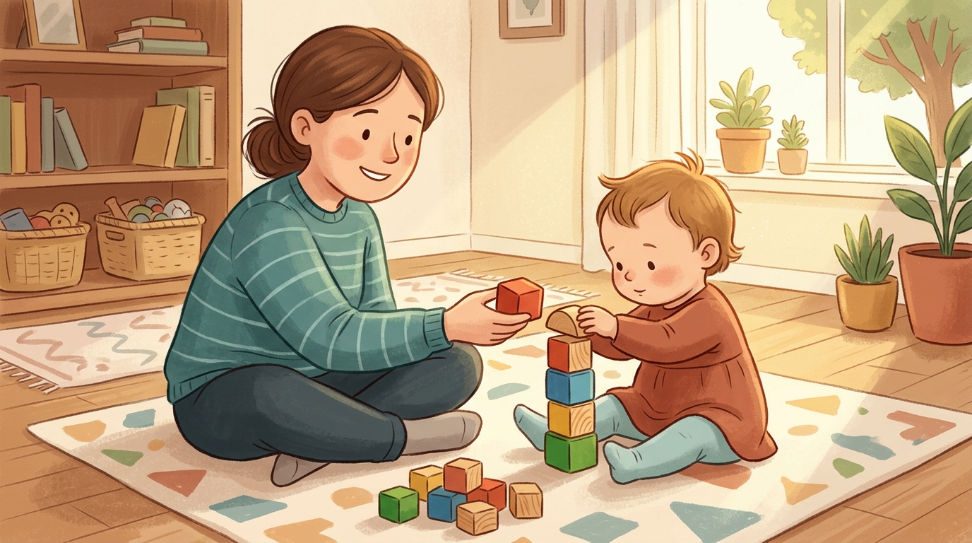Cartoon illustration of a parent and child at home doing Hand-Off Tower.
