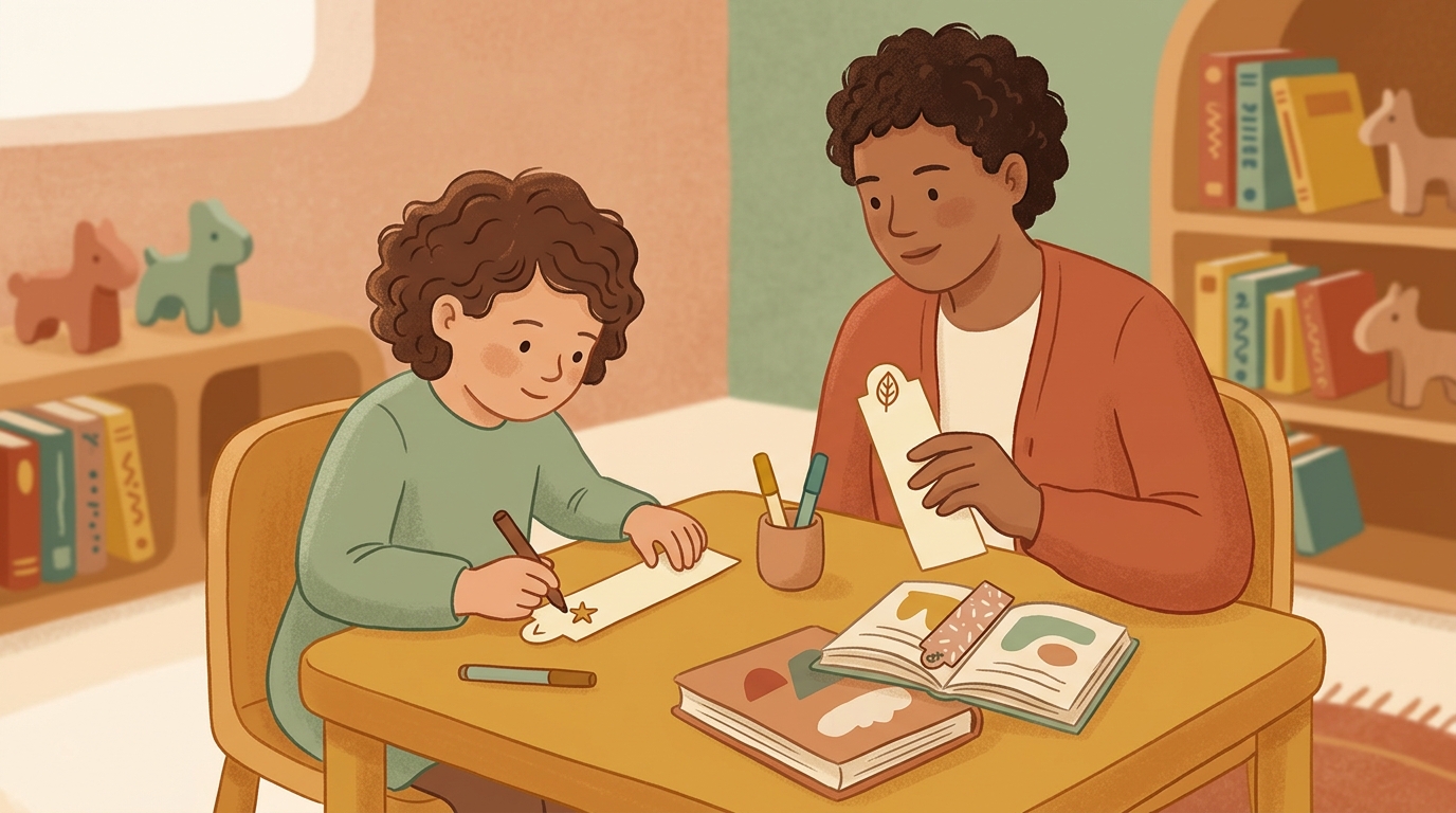 Cartoon illustration of a parent and child at home doing Make A Simple Bookmark.