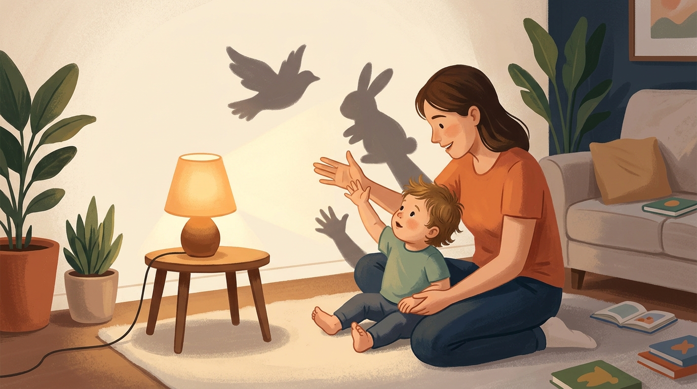 Cartoon illustration of a parent and child at home doing Hand Shadow Wiggle.