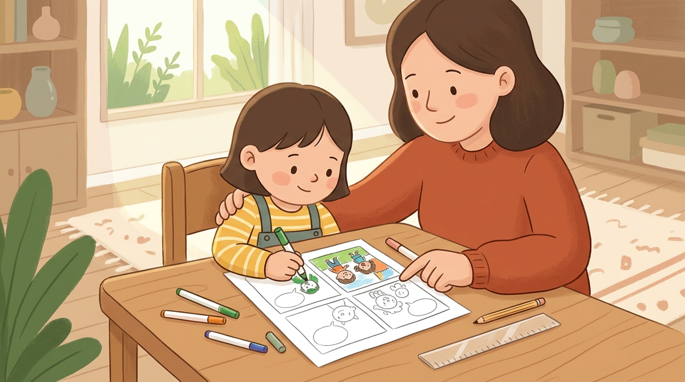 Cartoon illustration of a parent and child at home: child plans panels and draws an original comic with a beginning, twist, and resolution.