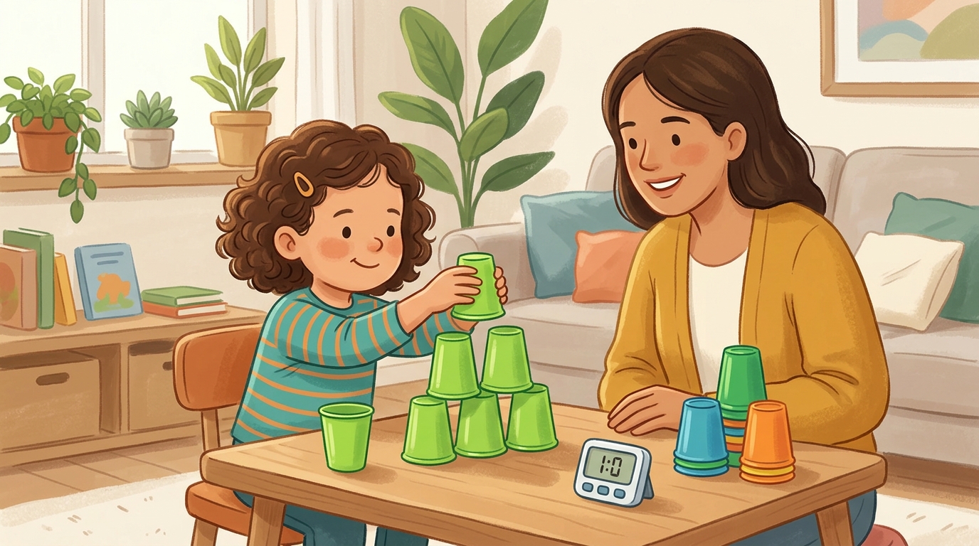 Cartoon illustration of a parent and child at home doing Speed Cup Stacking.