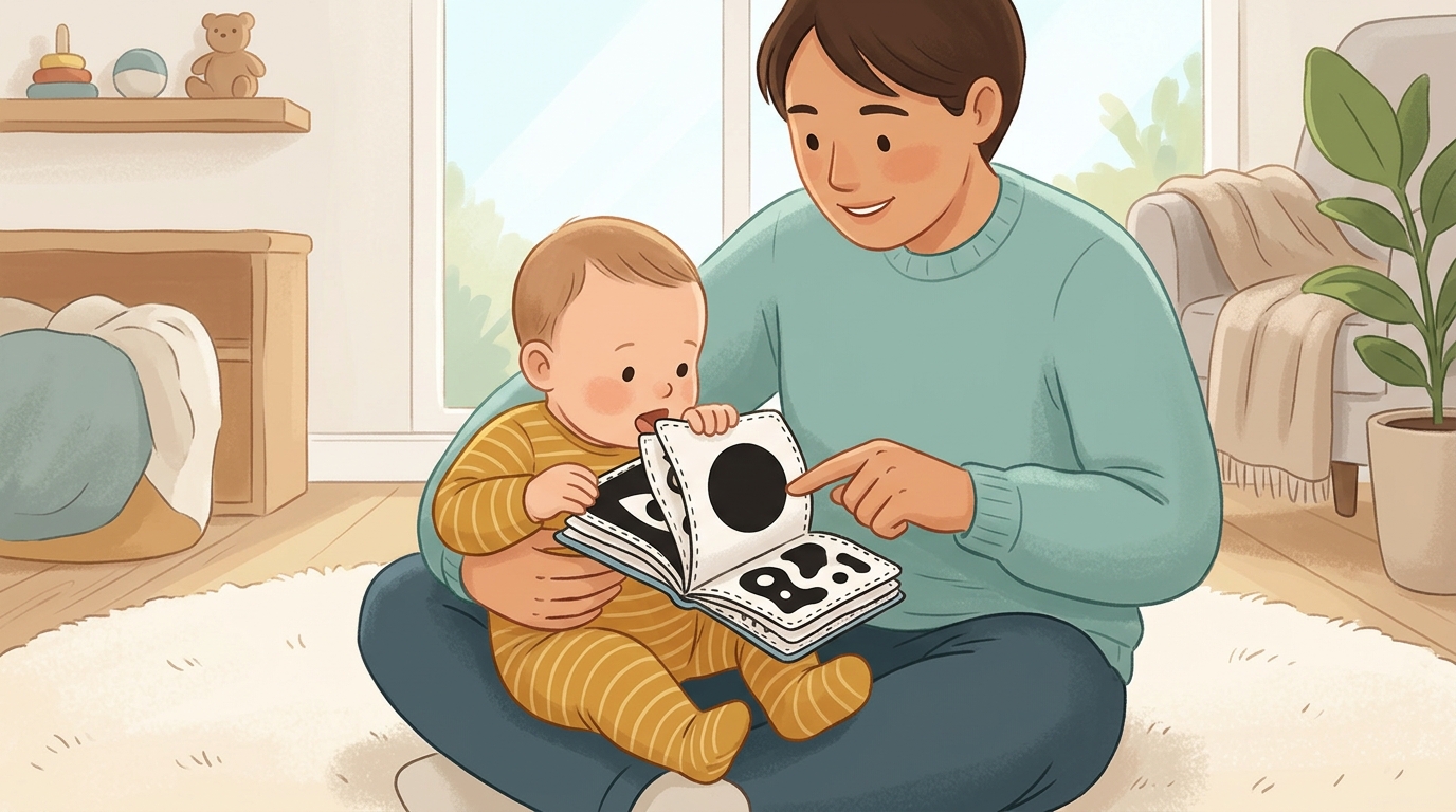 Cartoon illustration of a parent and child at home doing First Crinkle Book.