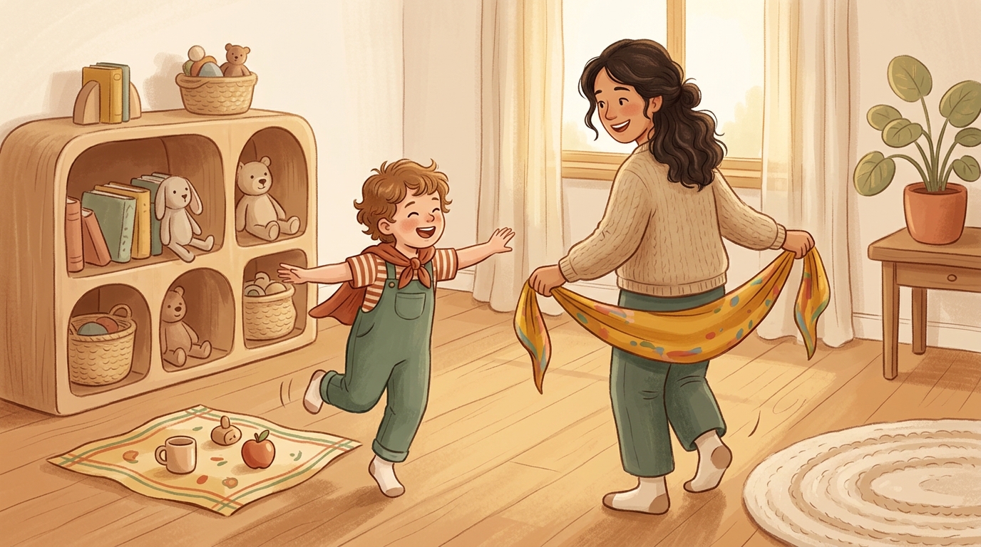 Cartoon illustration of a parent and child at home doing One Scarf Three Props.