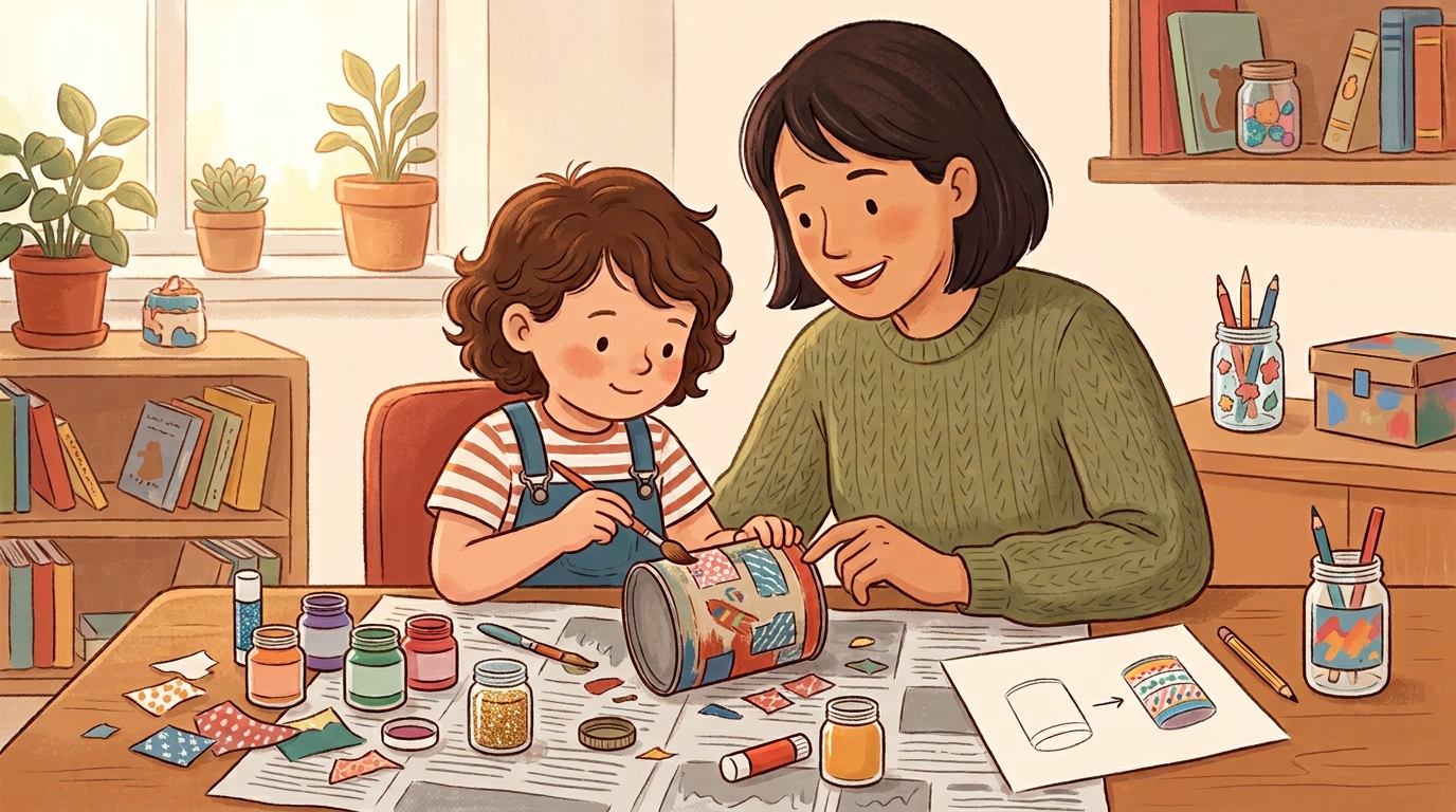Cartoon illustration of a parent and child at home doing Upcycle a Thing Project.