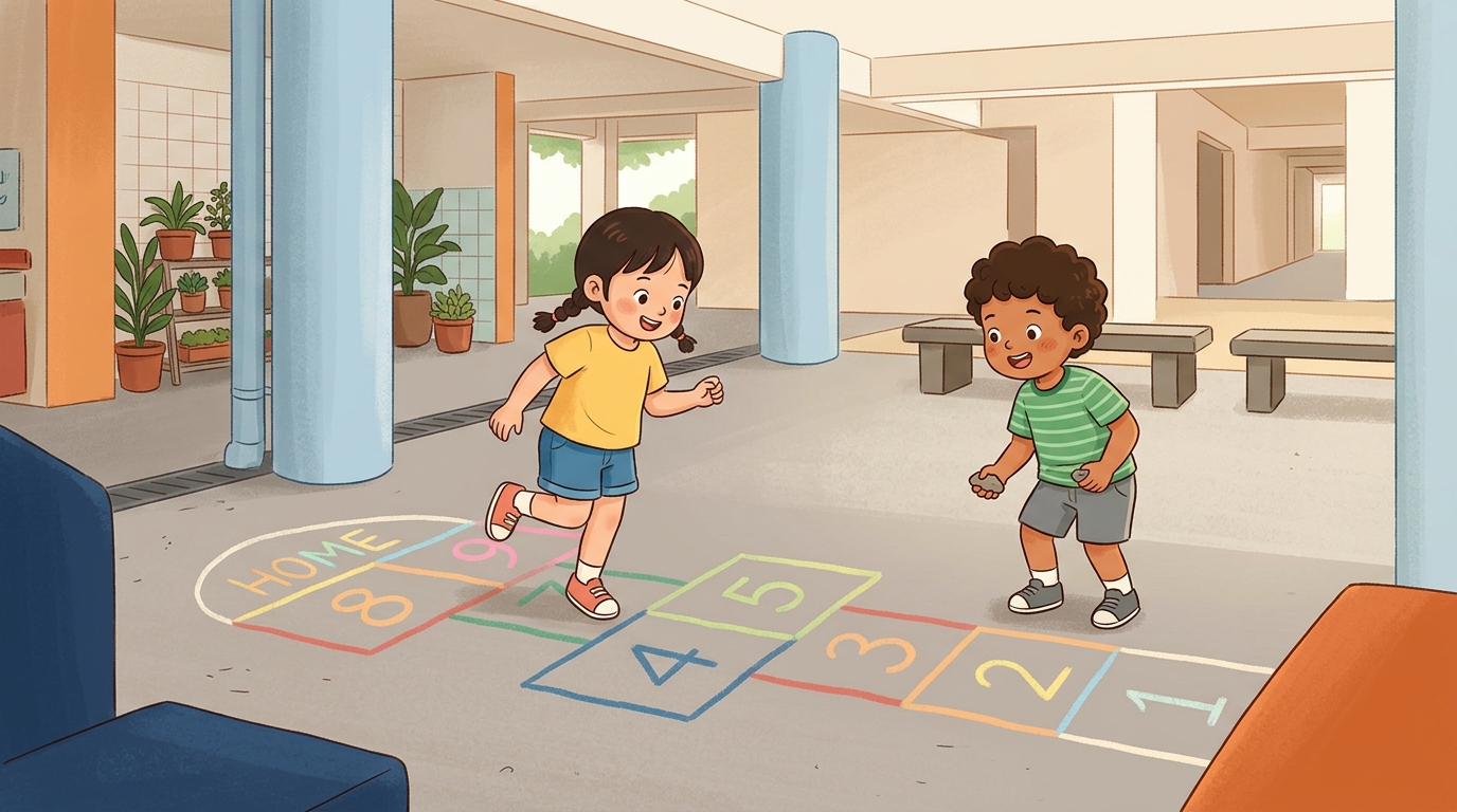 Cartoon illustration of a parent and child outdoors doing Void Deck Hopscotch.