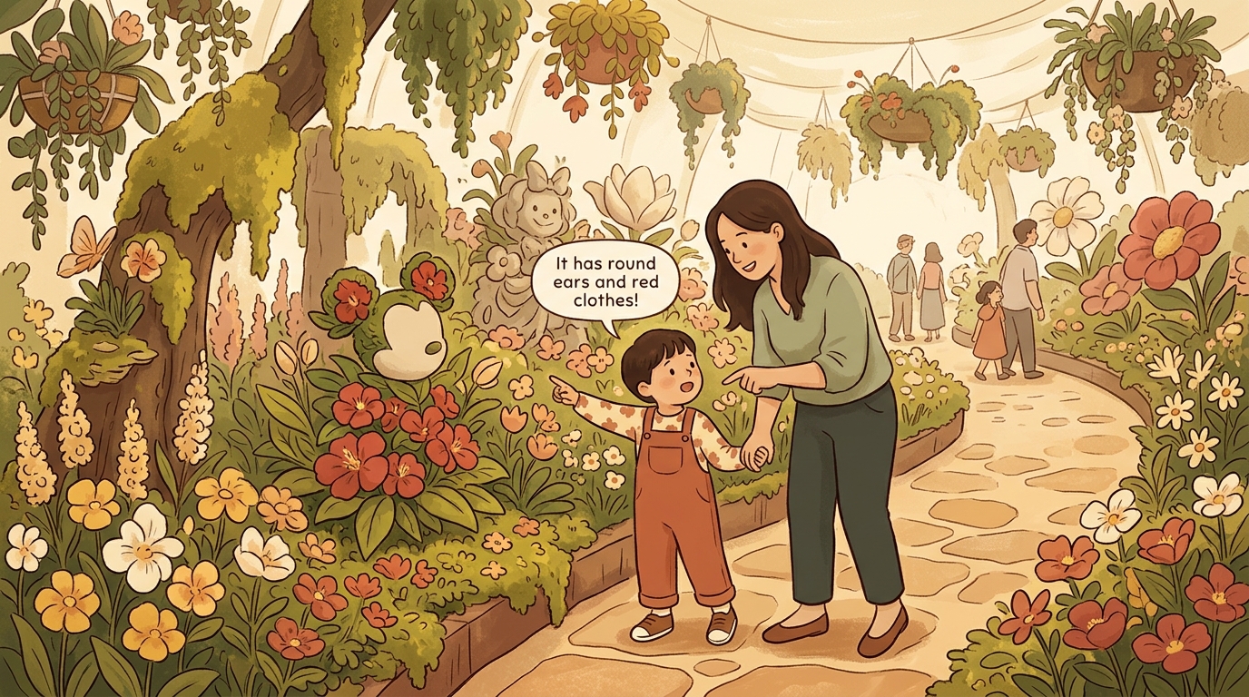 Cartoon illustration of a parent and child at home doing Character Without A Name.