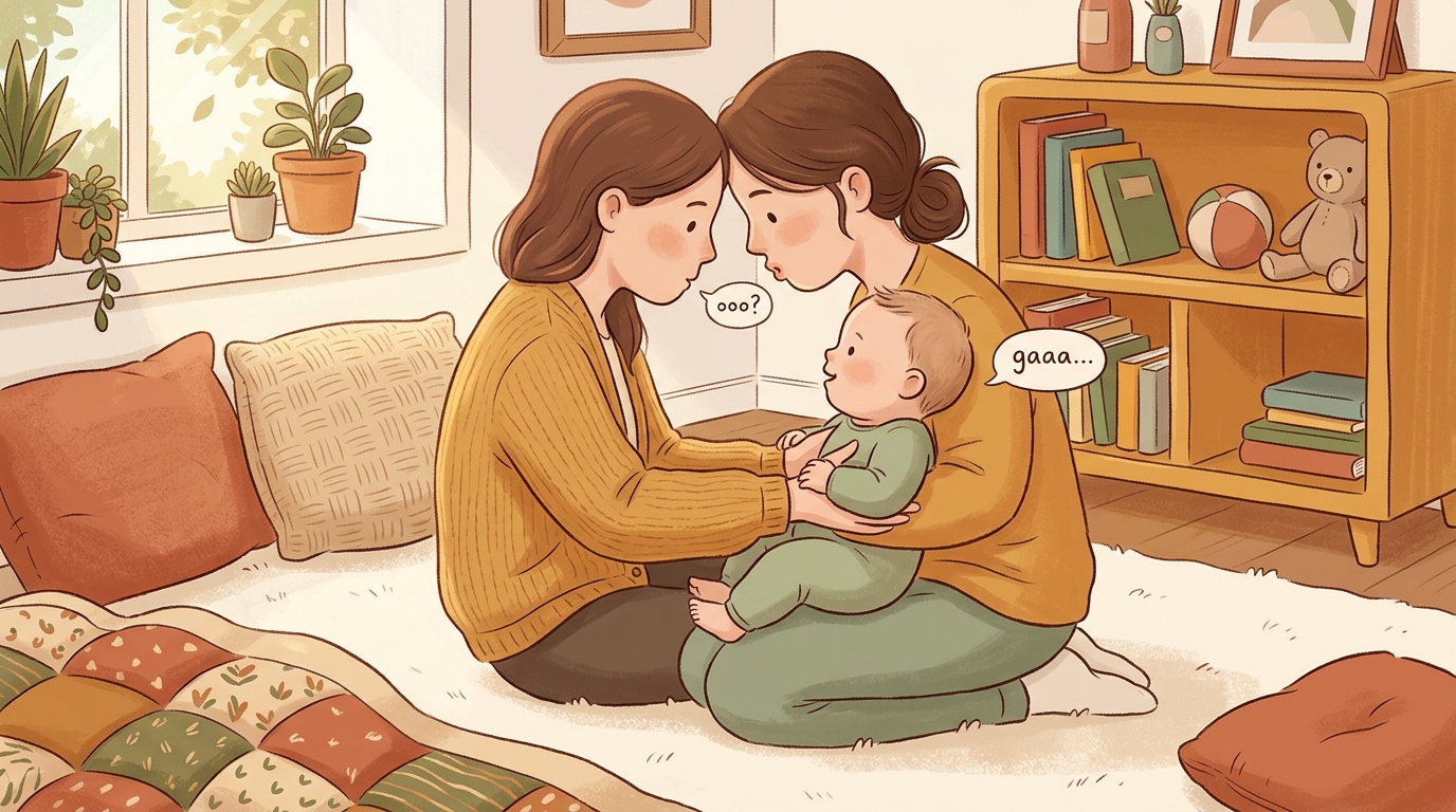 Cartoon illustration of a parent and child at home doing Hello Little Orchestra.