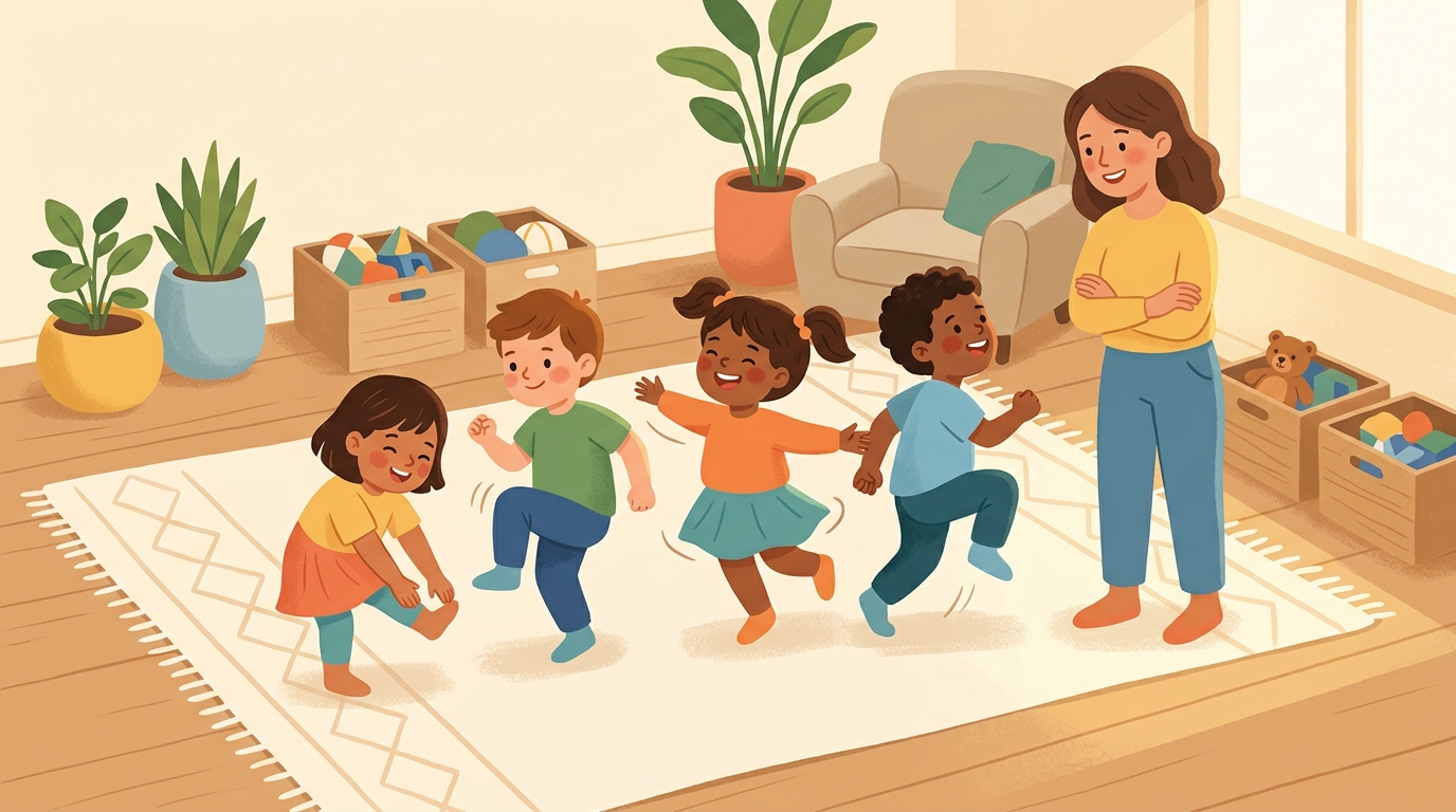 Cartoon illustration of a parent and child at home doing Movement Memory Chain.