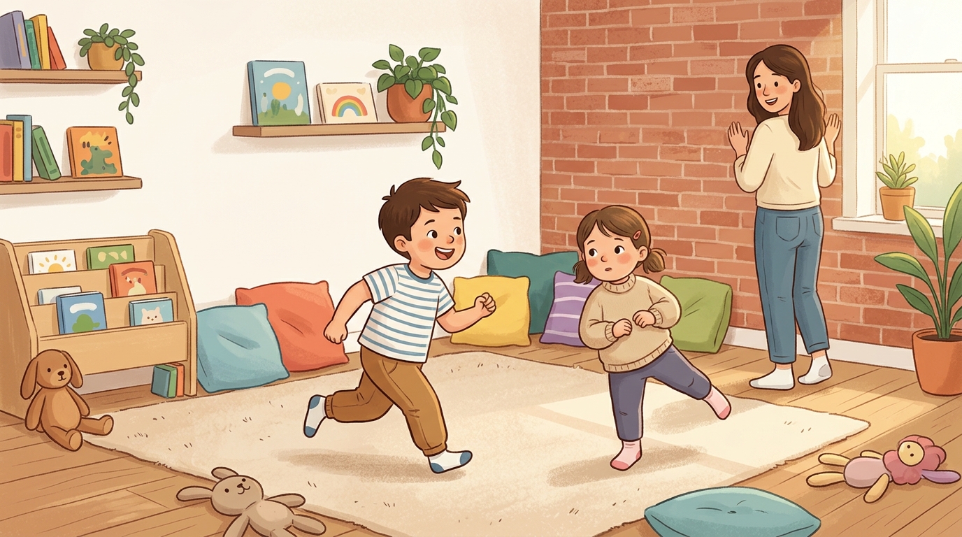 Cartoon illustration of a parent and child at home doing Red Light Green Light.