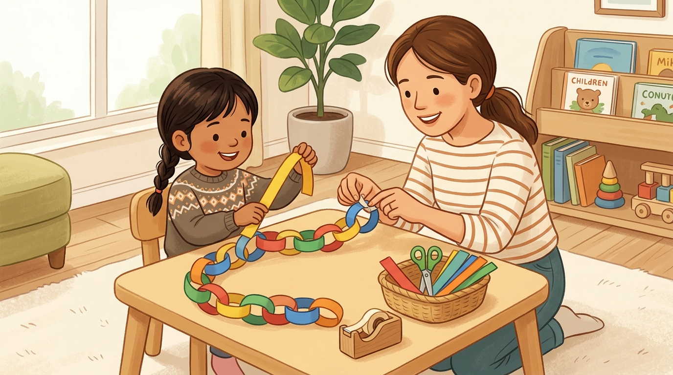 Cartoon illustration of a parent and child at home doing Paper Chain Decoration.
