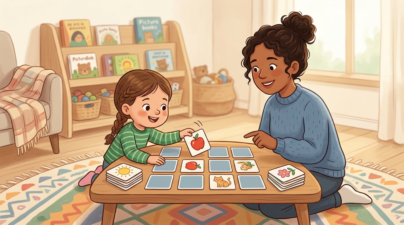 Cartoon illustration of a parent and child at home doing Memory Match.