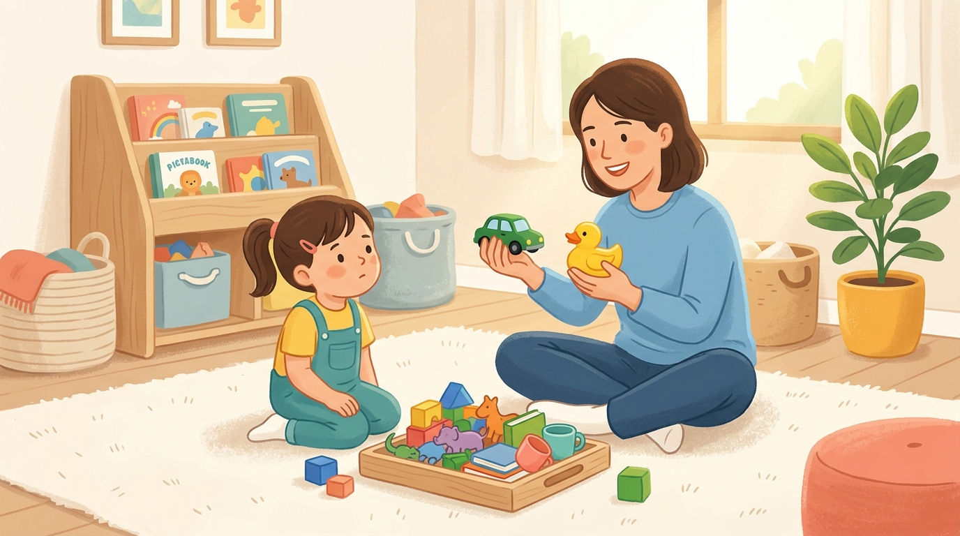 Cartoon illustration of a parent and child at home doing Same or Different Sort.