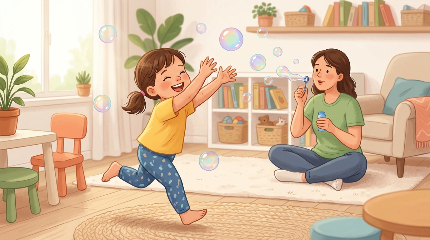 Cartoon illustration of a parent and child at home: adult blows bubbles; child chases, pops, and reaches for them.