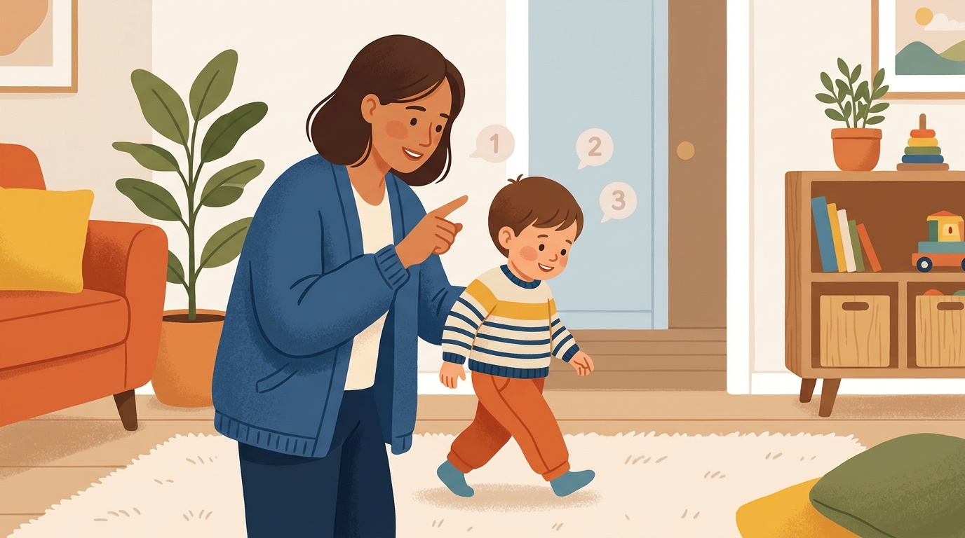 Cartoon illustration of a parent and child at home: walk from one spot to another and count each step aloud together.