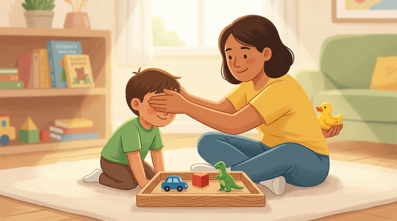 Cartoon illustration of a parent and child at home doing What's Missing Tray.