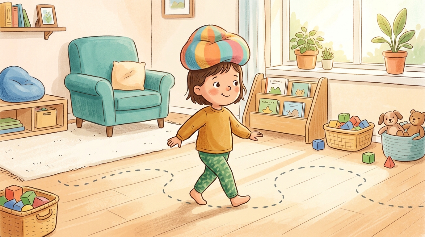 Cartoon illustration of a parent and child at home doing Beanbag Balance Walk.