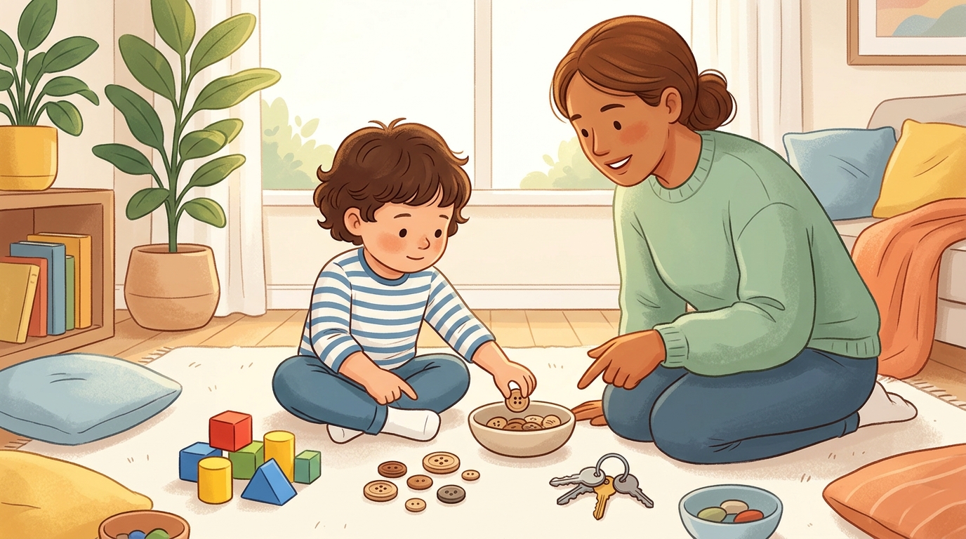 Cartoon illustration of a parent and child at home: child counts small household objects and sorts them by category.