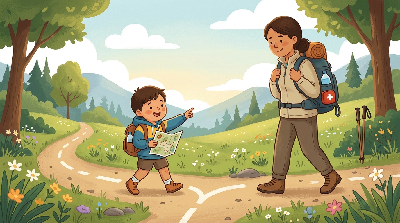 Cartoon illustration of a parent and child outdoors doing Plan a Solo (Supervised) Hike.