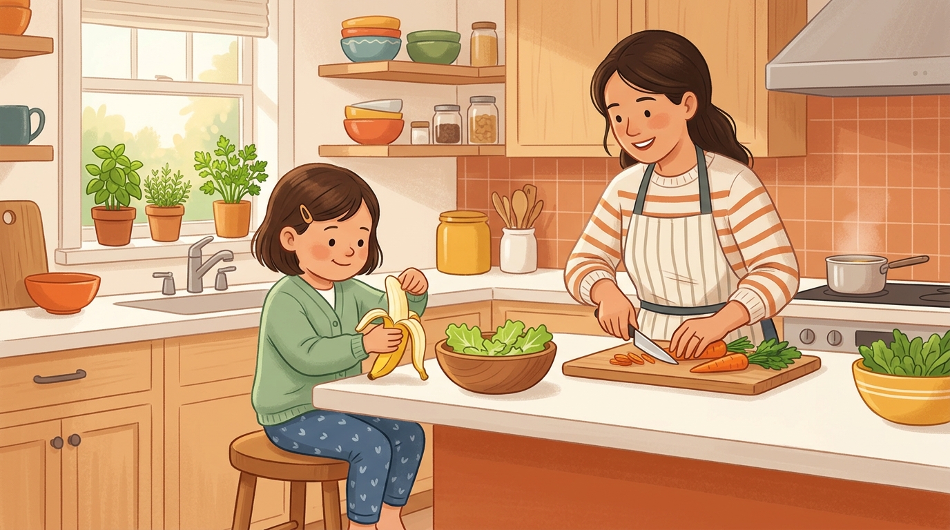 Cartoon illustration of a parent and child at home doing Peel and Prepare.