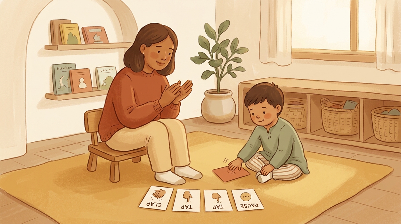 Cartoon illustration of a parent and child at home doing Build A Four Beat Loop.