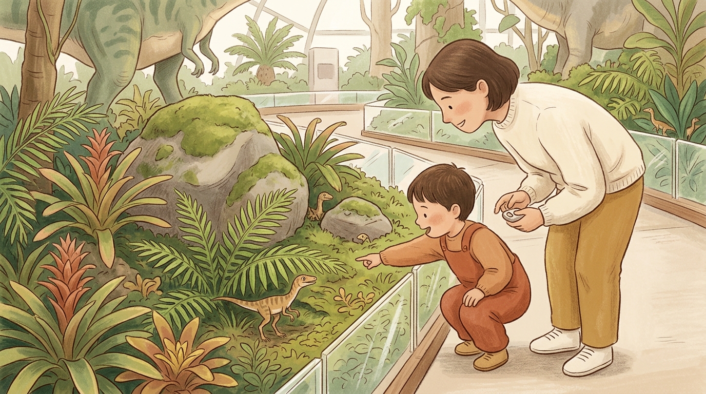 Cartoon illustration of a parent and child at home doing Find The Tiny Dinosaurs.