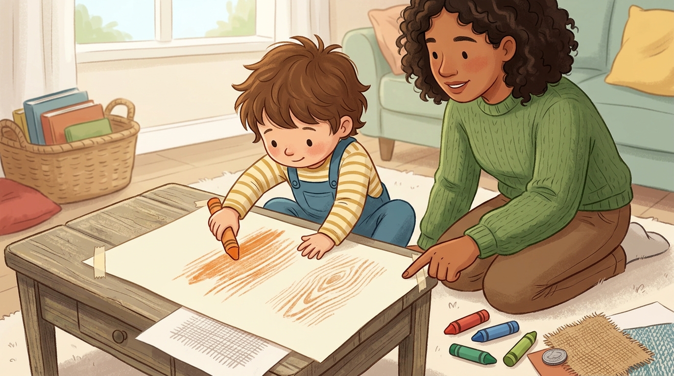 Cartoon illustration of a parent and child at home doing Texture Rubbing Collection.