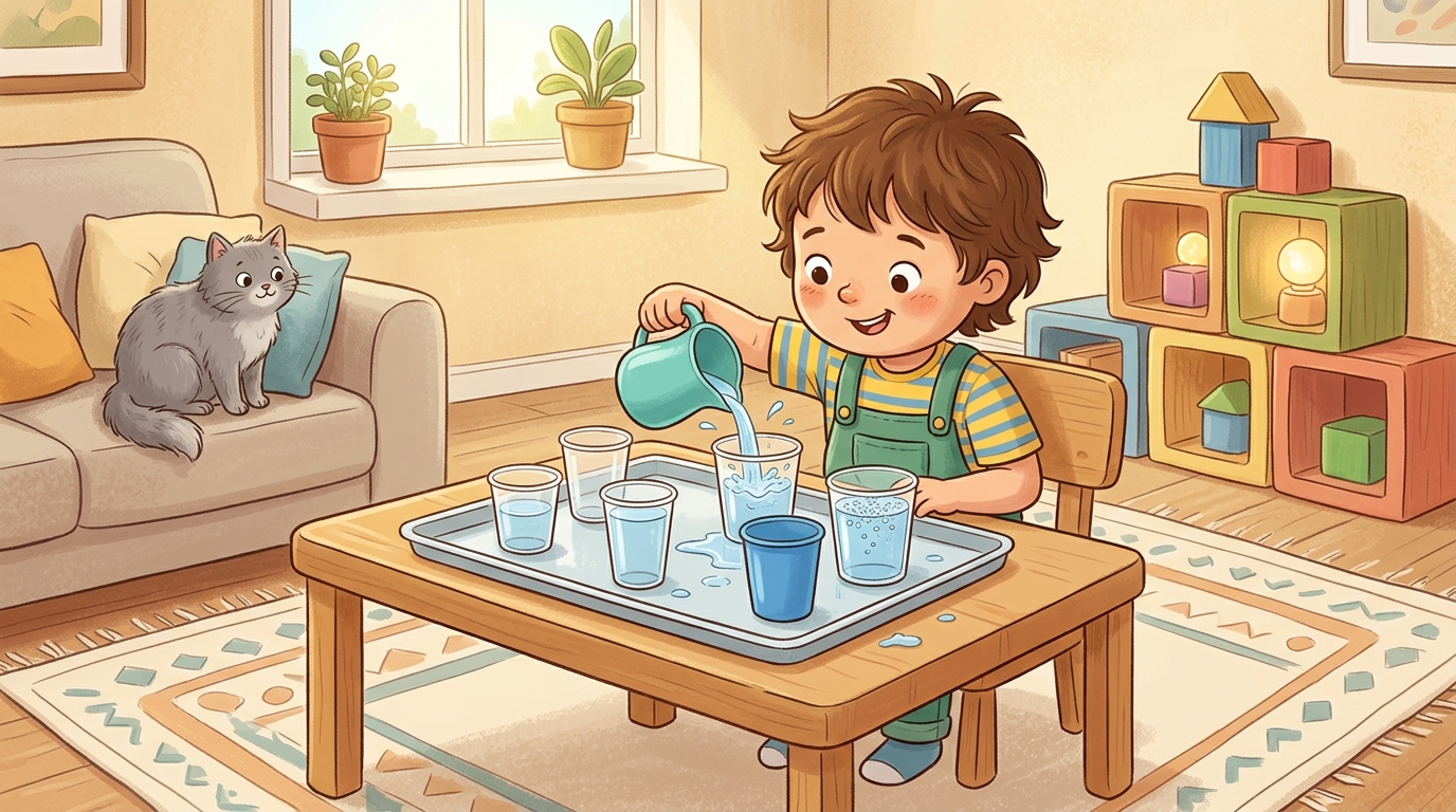 Cartoon illustration of a parent and child at home doing Water Pouring Experiments.