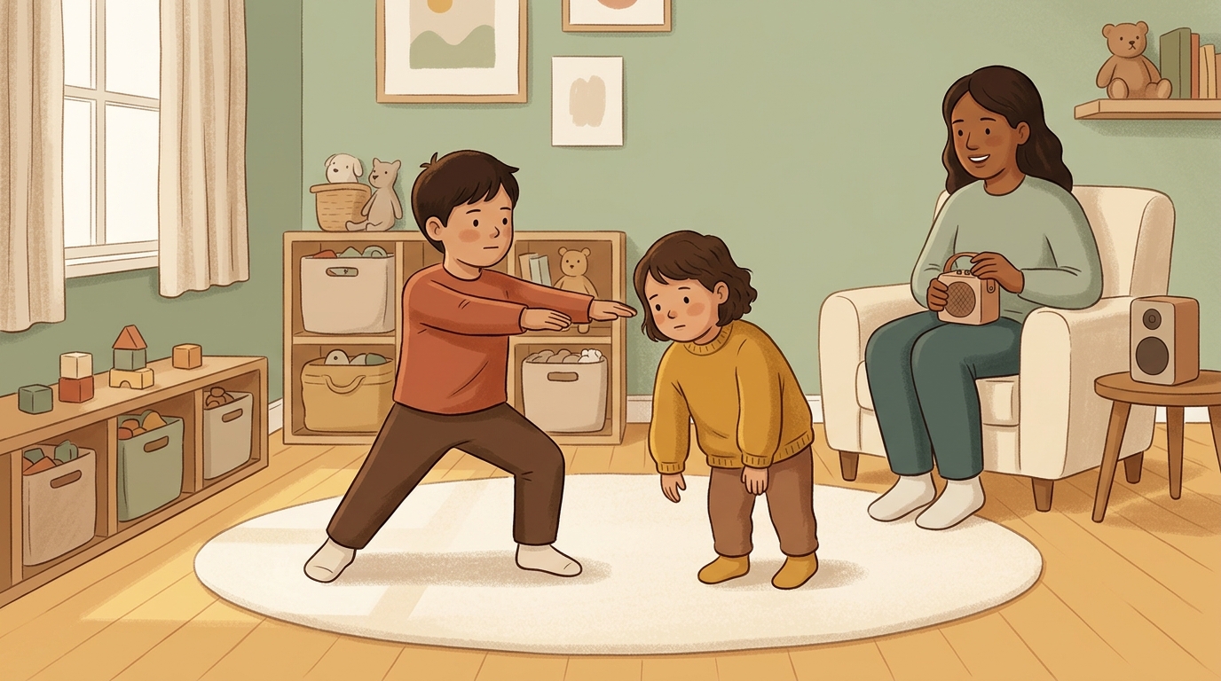 Cartoon illustration of a parent and child at home doing Toy Shop Freeze Frame.
