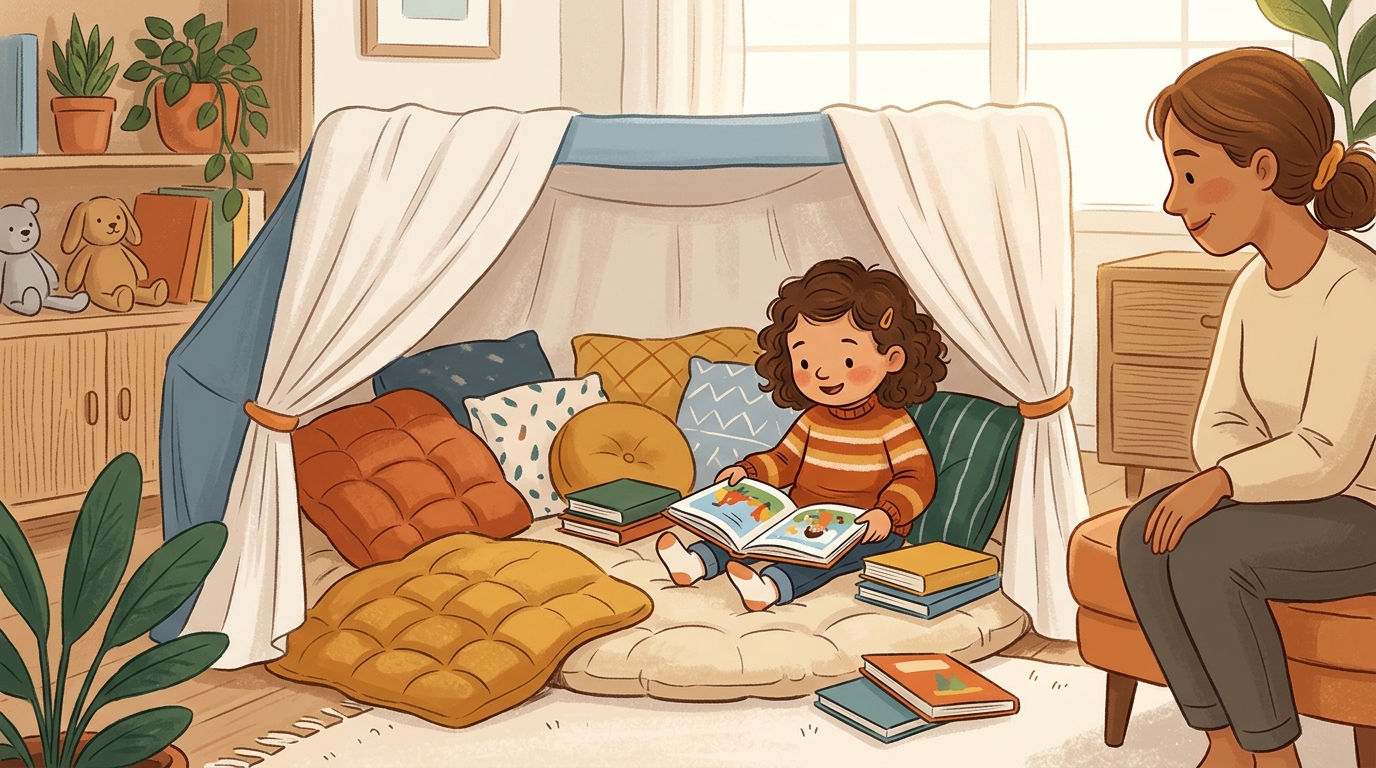 Cartoon illustration of a parent and child at home doing Cozy Reading Nook.