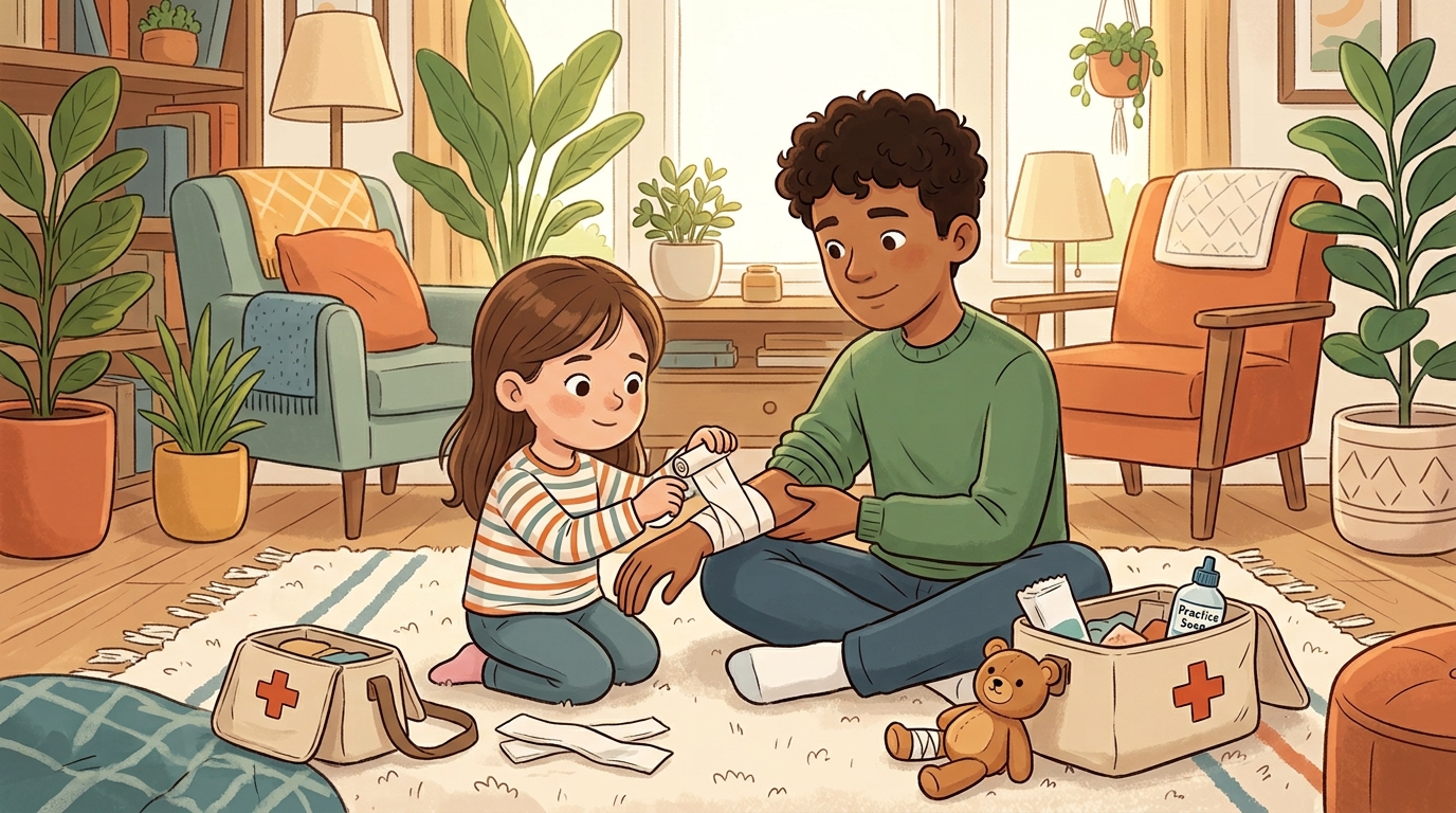 Cartoon illustration of a parent and child at home doing First Aid Basics.