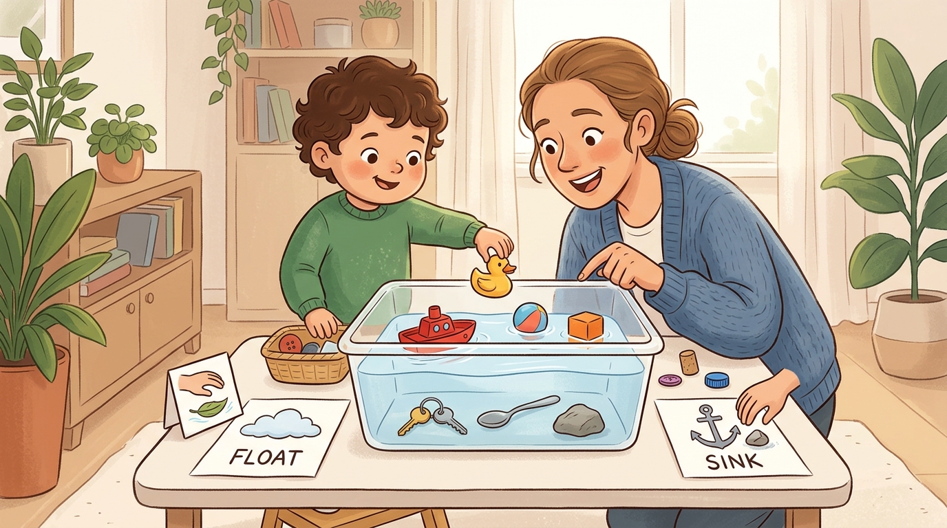 Cartoon illustration of a parent and child at home: drop small household objects one by one into a bowl of water.