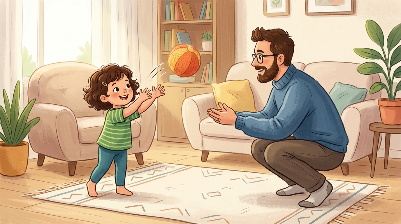 Cartoon illustration of a parent and child at home: toss a soft ball back and forth, starting close and gradually moving further apart.