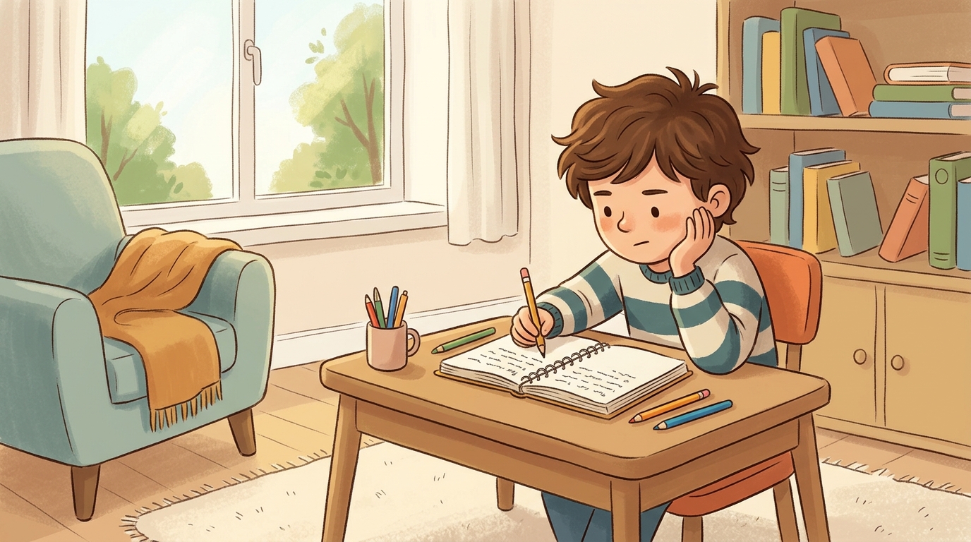 Cartoon illustration of a parent and child at home doing Write a Serial Story.