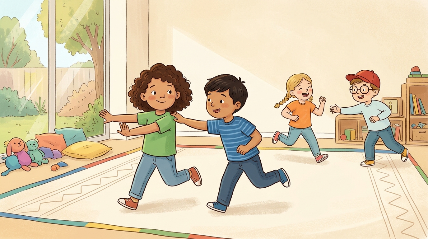 Cartoon illustration of a parent and child at home doing Freeze Tag.