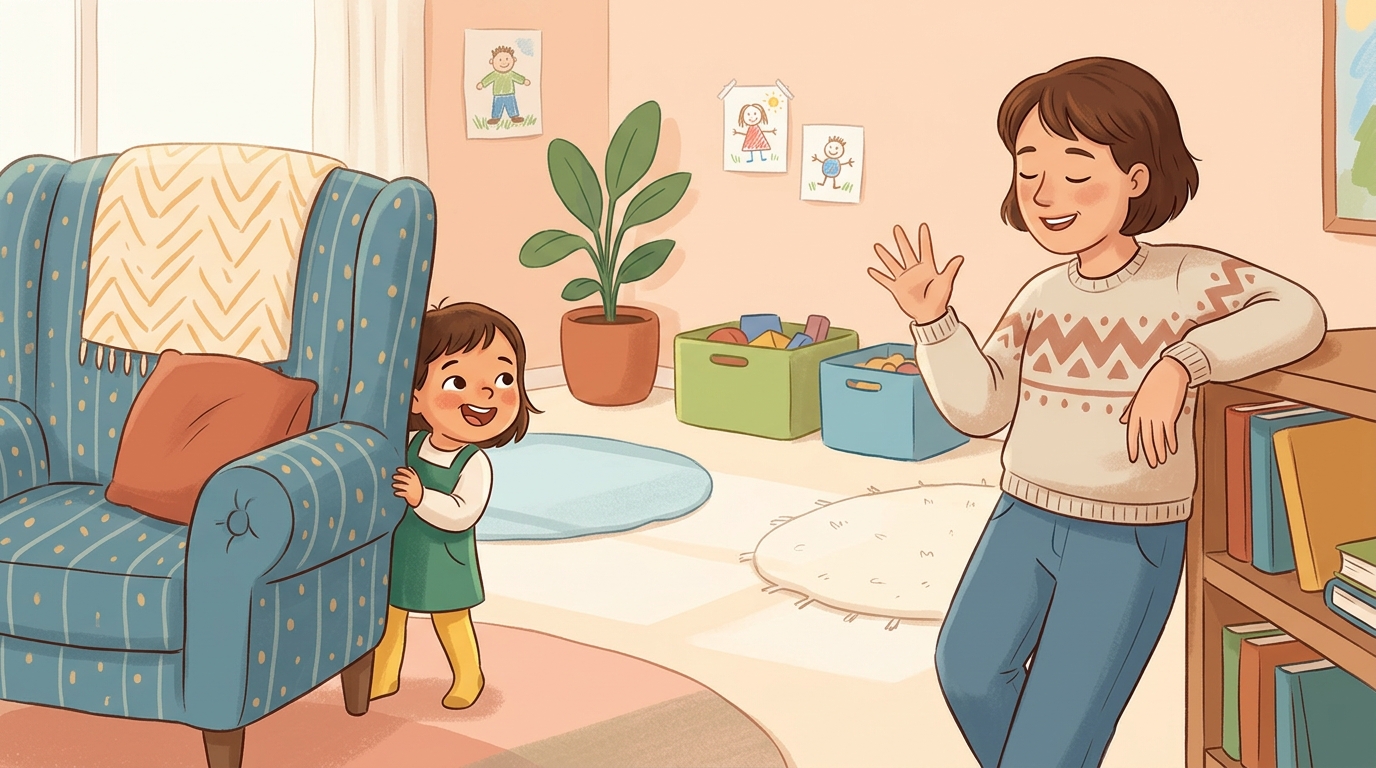 Cartoon illustration of a parent and child at home: universal hiding game.
