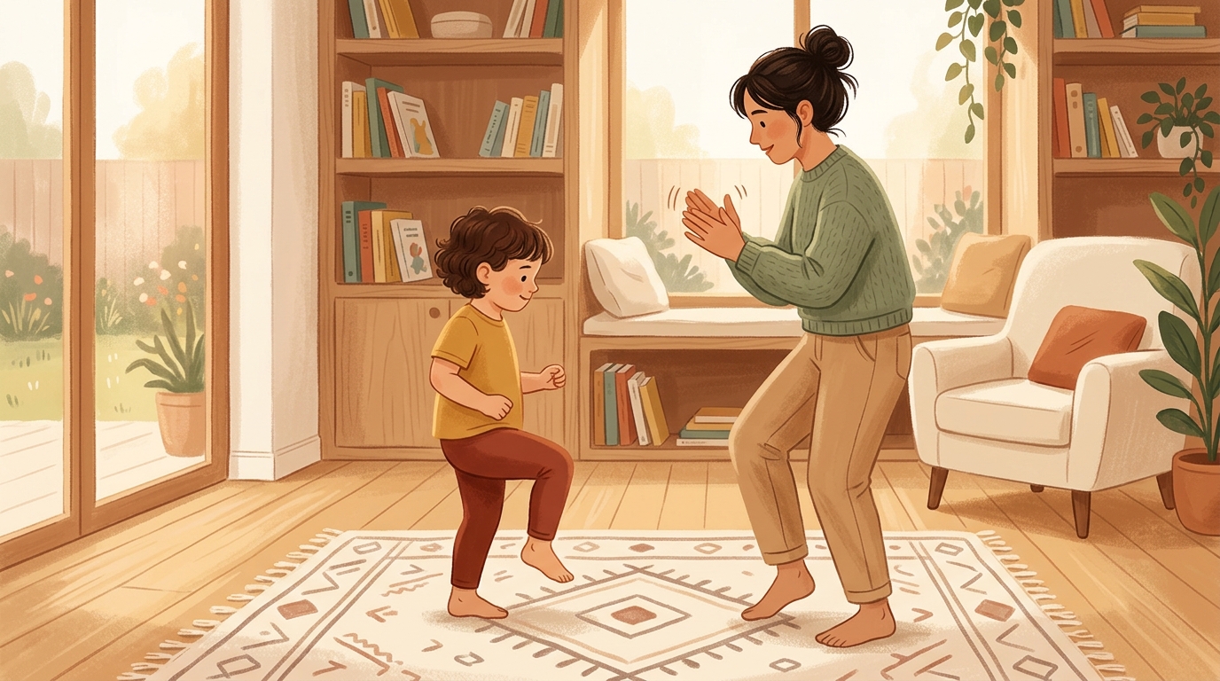 Cartoon illustration of a parent and child at home doing Keep The Beat Silent.